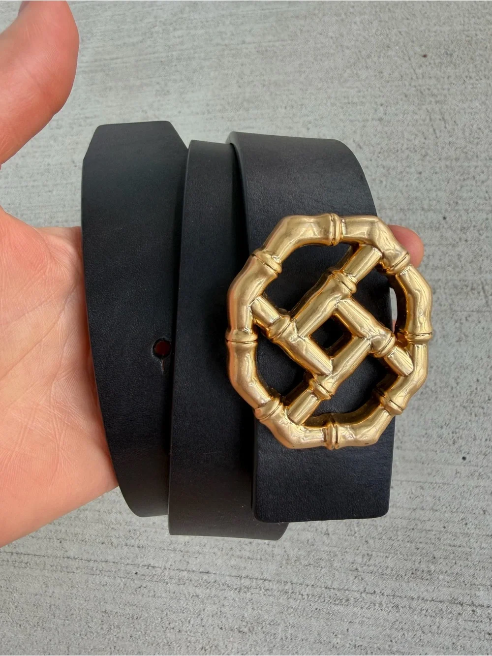 Jr Laughlin Black Leather Belt Gold Bamboo Buckle Size S 38” Wide StatementWaist